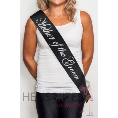 Black Sash with Cursive White Writing - MOTHER OF THE GROOM