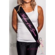 Black Sash with Cursive Pink Writing - MOTHER OF THE GROOM