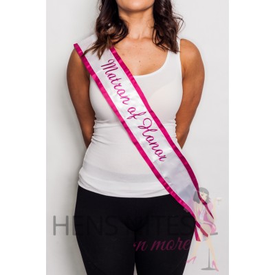 Embroidered Sash - White with Pink Writing MATRON OF HONOR