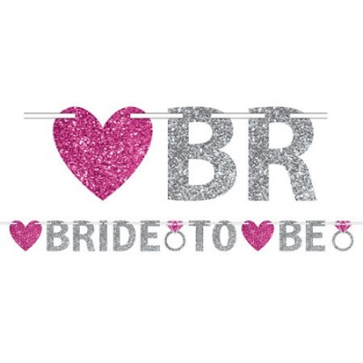 Banner - Bride to Be Glittered Jointed Banner (Silver with Pink Hearts)
