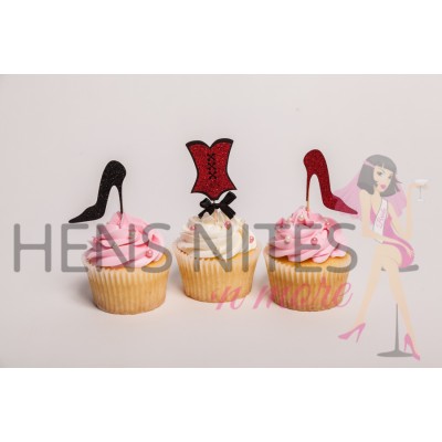 Hens Night Cupcake Toppers 10pack - MIX CORSET AND HIGH HEELS RED AND BLACK