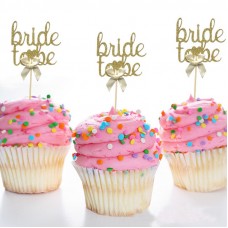 Hens Night Cupcake Toppers - Bride to Be Gold with Ribbon 6pack