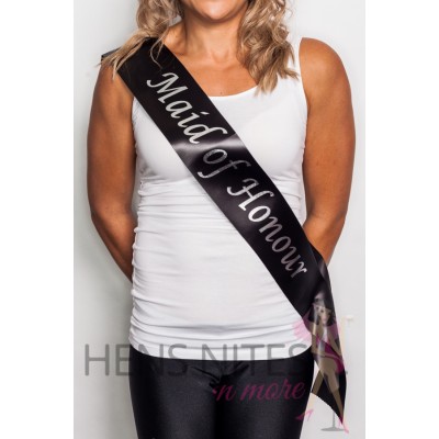 High Quality Satin Sash Black with Silver Writing - MAID OF HONOUR