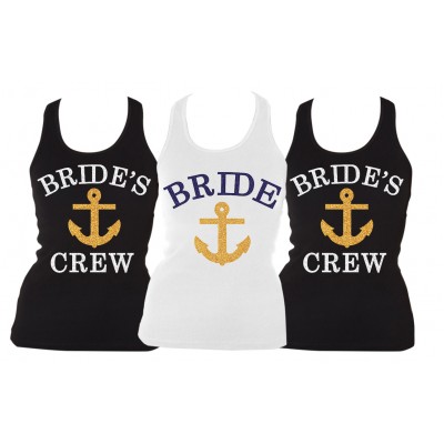 Iron On Transfer Glitter - BRIDE AND BRIDE'S CREW WITH ANCHOR SET (3 TRANSFERS)