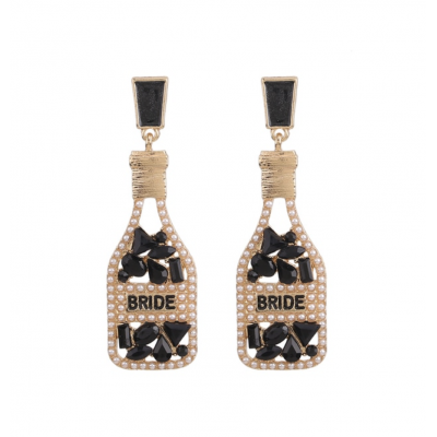 Bride Earrings - Champagne Bottle with Gems BLACK