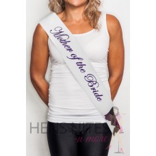 White Sash with Cursive Purple Writing- MOTHER OF THE BRIDE
