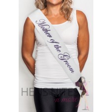 White Sash with Cursive Purple Writing - MOTHER OF THE GROOM